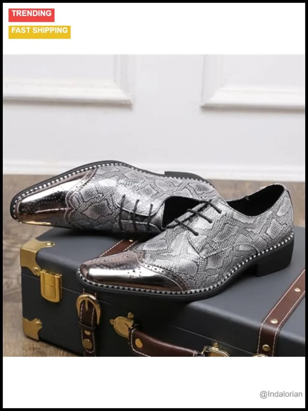 Men's Genuine Leather Snakeskin Oxford Shoes with Chunky Heel, Metal Pointed